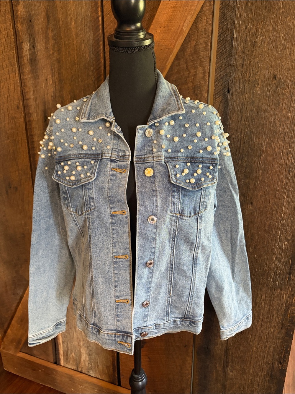 CACTUS + PEARL Pearl & Rhinestone Embellished Light Blue Denim Jacket - Women's